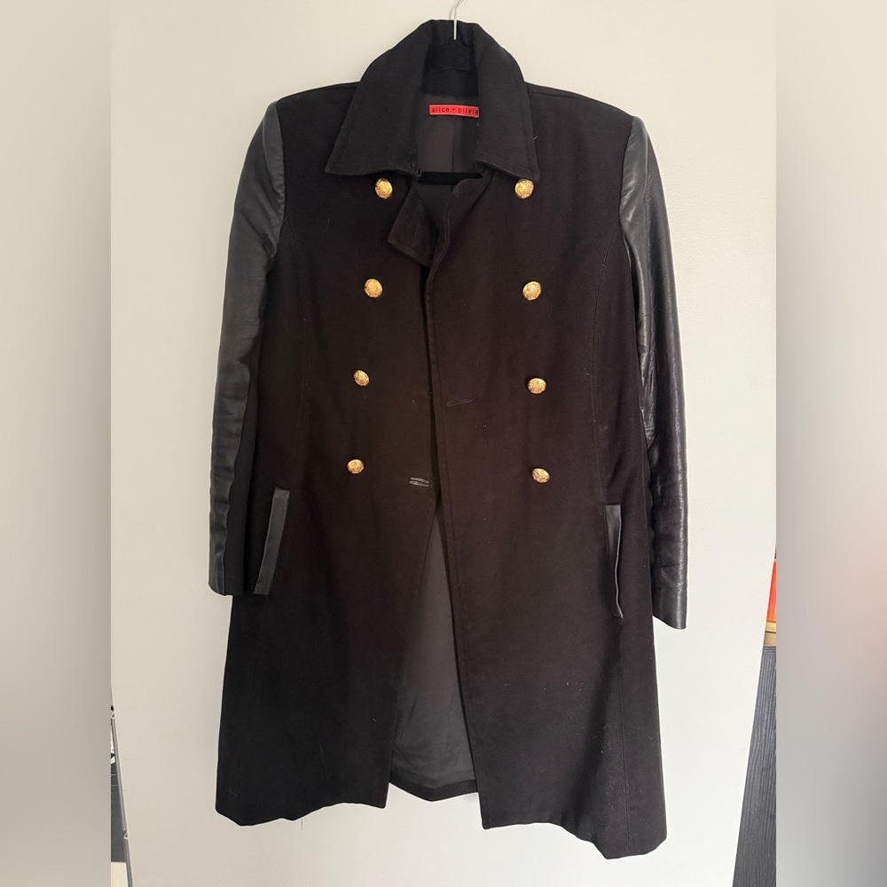alice + olivia long coat with leather sleeves Small